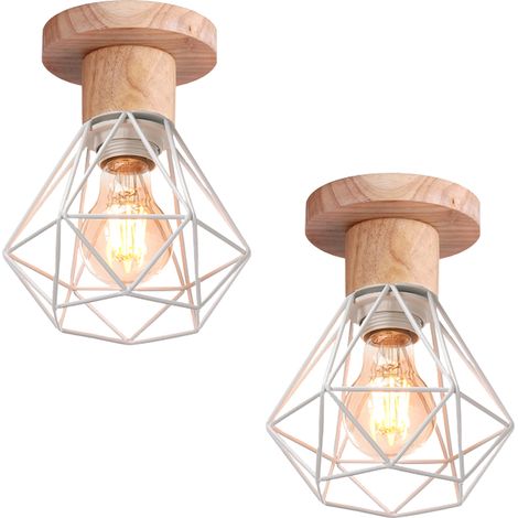 Plafonnier Industrielle Vintage Lampe de Plafond Bois et Métal Luminaire Plafonnier Intérieur Blanc E27 Ø15,5CM - 2Pcs (1/4)