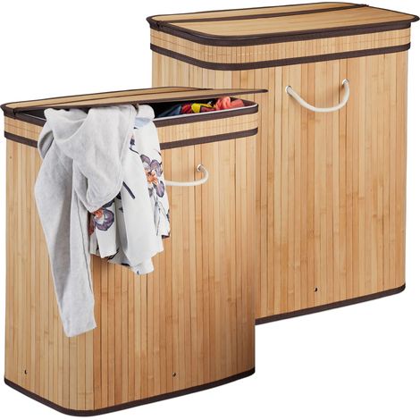 2x Cestos Ropa Sucia Rectangular con 2 Compartimentos, Cubo Colada, Canasta con Tapa, Bambú, 95 L, Natural