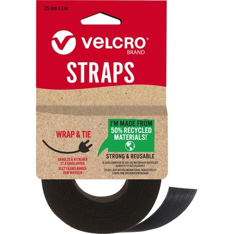 VELCRO Brand  Eco One-Wrap Cinghie Riutilizzabili  Cinghie Riutilizzabili, Flessibili e Versatili per Ogni Uso in Casa  Nero  25 mm x 3 m