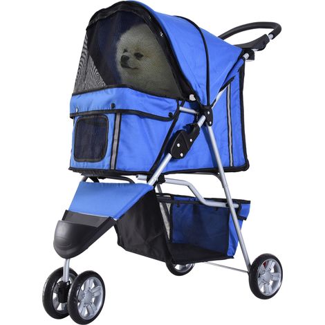 Poussette pour petits chiens pliable, chariot canin à roues freinées, porte-gobelet, panier de rangement et coussin amovible lavable, pour animaux jusqu’à 10 kg, bleu
