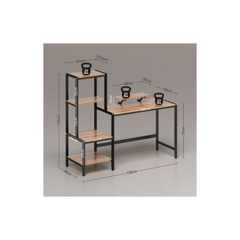 Bureau, table d'ordinateur avec support écran, support unité centrale, table de bureau avec étagère imprimante, table PC avec 4 étagères, design moderne pour télétravail, 150 x 48 x 125 cm, marron (1/5)