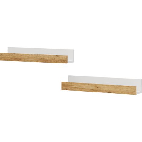 Scaffale a muro Tomy, Rovere bianco/dorato, 60 x 10 cm Set di 2, Vicco