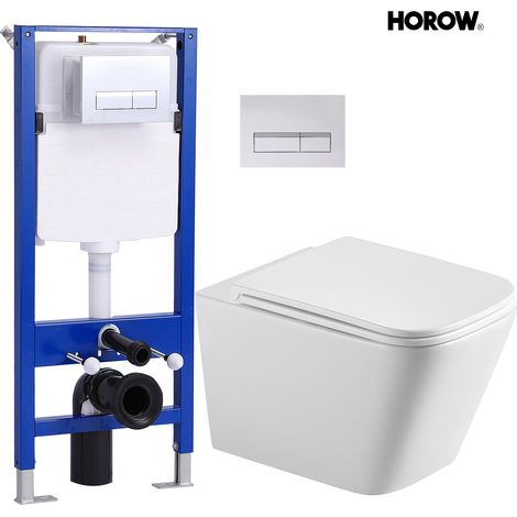 Spülrandlos Hänge WC Komplettpaket mit WC Sitz mit Absenkautomatik aus Keramik - Gäste Wand WC Toiletten mit Einloch-Superspin-Spülung + Vorwandelement mit Betätigungsplatte (1/5)