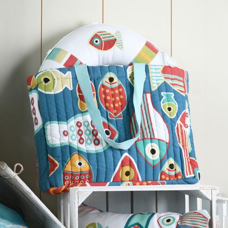 Sac cabas polycoton matelassé motif poissons Bleu 44x35x10 cm
