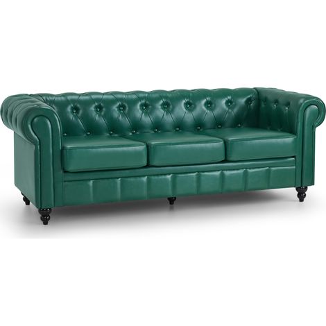 BarberPub Chesterfield Sofa 3-Sitzer 208cm, Wartebank Friseur Vintage, Sitzbank mit Rückenlehne & Armlehne Couch 3-er,W536(Grün/Kunstleder) (1/5)