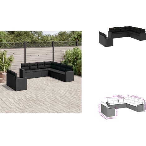 The Living Store Salon de jardin 9 pcs avec coussins noir résine tressée - Meubles d'extérieur (1/3)