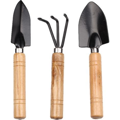 Gartengeräte mit dicken Holzgriffen: dreizinkiger Rechen, spitzer Spaten, großes dreiteiliges schwarzes Garten-Set, Mini-Mehrzweck-Erdschaufel-Set für Sukkulenten und Blumen (1/5)