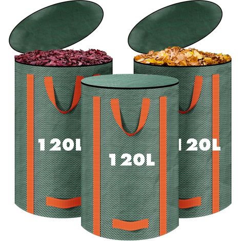 Lot de 3 sacs à déchets de jardin de 120 l, solides, autoportants, avec couvercle et poignées, réutilisables, ramasse-feuilles verts, ramasse-feuilles pour coupe verte, tonte de gazon (1/5)