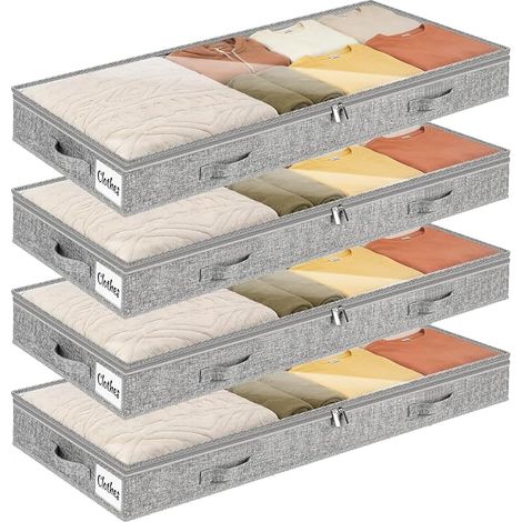 Set of Under-Bed Storage Boxes with Reinforced Handle, Large Foldable Clothes Storage Bins for Duvets, Clothes, Bedrooms, Closet, 100 x 50 x 10 cm, 50 L, Grey