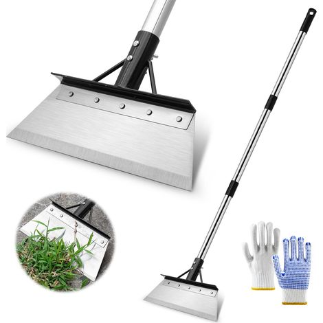 Kit de grattoir de jardin - Lame en acier inoxydable de 21 cm avec manche de 120 cm et gants à 3 sections - Éliminateur de mousse et de glace pour terrasse, allée et neige - Kit de pelle de jardin (1/5)