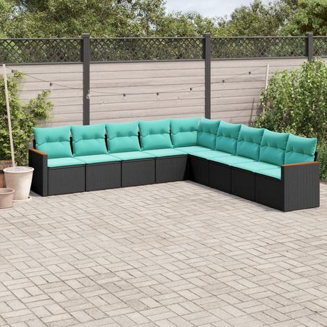9-teiliges Gartensofa-Set mit Kissen, schwarzes Polyrattan (1/5)