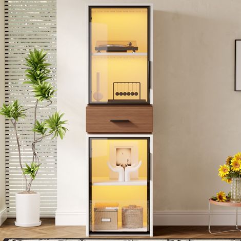 Libreria alta con vetrina - L40xH200xP40 cm - 2 ante in vetro e cassetto in noce - Illuminazione a LED multicolore - Stile moderno - Bianco (1/5)