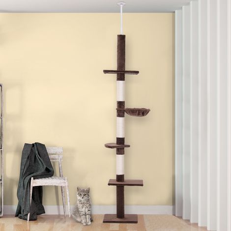 Rascador de techo para gatos, árbol para gatos de felpa multinivel con hamaca y altura ajustable, 40x34x230-260cm, marrón