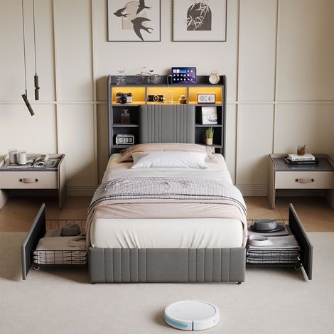 Letto singolo con contenitore 90x200 cm, letto per adulti in lino con 2 cassetti e rete, testiera con ripiano, LED e USB - Grigio