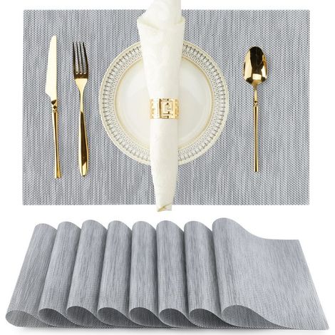 Lot de 8 Blanc argenté sets de table en PVC tissé résistant à la chaleur pour la maison et la salle à manger (1/2)