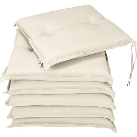 Lot de 6 coussins d'assise pour chaise de jardin crème 43x39x5cm, polyester hydrofuge, sangles anti-glisse, rembourrage 5 couches, coussin intérieur et extérieur (1/4)