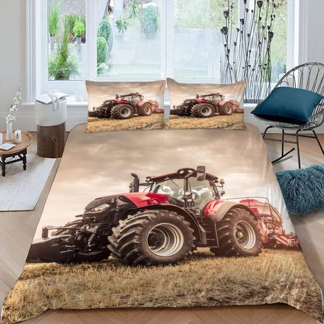 Parure de lit 3D en microfibre avec housse de couette de 135 x 200 cm et taie d'oreiller de 80 x 80 cm Motif tracteur agricole 3D avec fermeture Éclair (1/5)