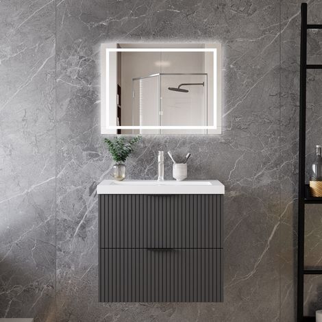 AICA Bathroom 600x385x520mm MDF Wall-mounted Vanity Unit,Anthracite Concave-convex texture Dual-drawers,Detachable Soft Close + Artificial Stone Square Basin (1/5)