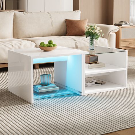 Tavolino da caffè per soggiorno con luci led app ripiano in vetro e vani aperti 100x50x38 cm tavolo basso moderno lucido bianco (1/5)