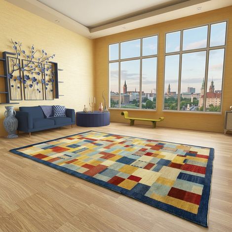 Tapis Loribaft Tapis Awaro - Tapis en laine - 200x150cm, Rectangular - 92% Laine vierge, 8% Soie - Noué main - Bleu