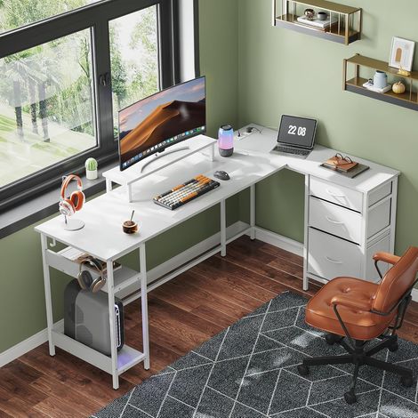 L-förmiger Eckschreibtisch, 168×103 cm, mit Schubladen, Steckdose und USB-Anschluss, geräumiger Computertisch mit Stauraum für Homeoffice und Schlafzimmer, Weiß (1/5)