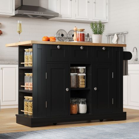 Îlot central cuisine mobile avec table rabattable et prise intégrée, meuble de rangement cuisine noir, desserte avec tiroirs étagères et roulettes 132 cm (1/5)