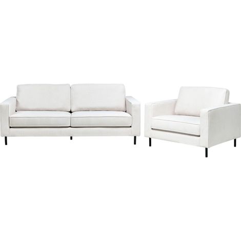 Ensemble de Salon Canapé 3 Places et Fauteuil Pieds en Métal avec Coussins Tissu Blanc Cassé Savalen