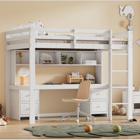 Letto a soppalco moderno 90x200 cm in pino e MDF bianco, con scrivania, 4 cassetti e 4 vani contenitore (1/5)