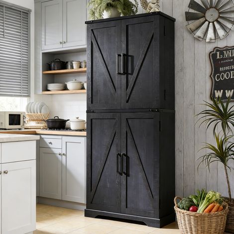 Armoire de Cuisine Style Campagnard, Colonne de Cuisine 183 cm avec Portes Coulissantes de Grange, 1 Tiroir & Étagères Réglables, Grand Rangement - Panneau de Particules Noir (1/5)