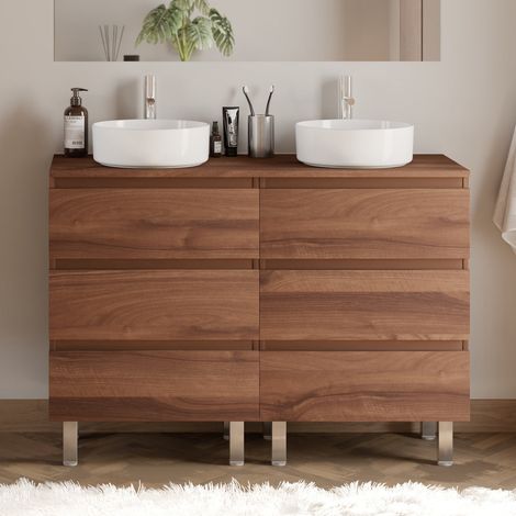 Meuble de salle de bain 120cm avec plateau et 2 vasques à poser rondes - 6 tiroirs - sans miroir - noyer (bois foncé) - MAYOR
