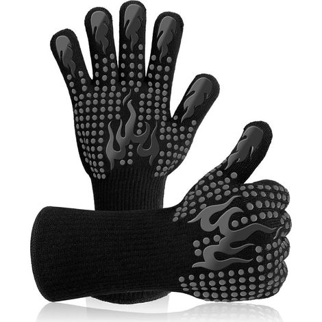 BBQ Gloves, Heat Resistant Gloves, Universal Kitchen Gloves, Heat Resistant and Non-Slip Gloves for BBQ, Grill, Oven, Kitchen and Fireplace, Black (1/5)