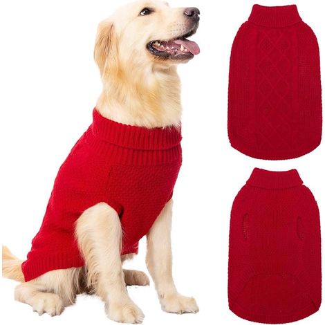 Maglione a collo alto per cani – Classico maglione invernale in maglia a trecce con foro per guinzaglio per il freddo