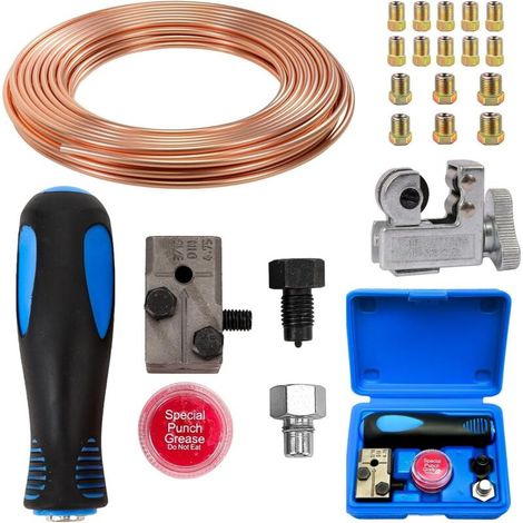 4,75 mm Universel Outils D'évasement de Tuyaux de Freins Kits, Durable et Portable, avec Conduite de Frein de 7,62 m de Diamètre de 4,76 mm, 16 Raccords en de 25FT (Jaune doré + Bleu) (1/5)
