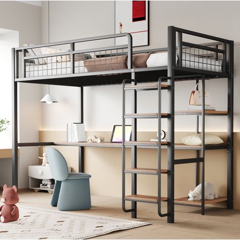 Hochbett modern aus Metall 90x200 cm Schwarz mit Sicherheitsleiter, Schreibtisch, Regalen und Eisen-Lattenrost (1/5)