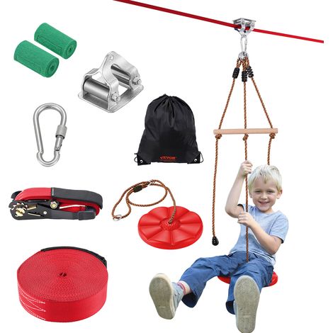 VEVOR Tyrolienne pour Enfants et Adultes 19,8 m, Kit de Tyrolienne Complet Charge 227 kg, Configuration Facile, avec Harnais de Securite en Nylon, Siege et Guidon, pour Jardin Arriere-cour Exterieur