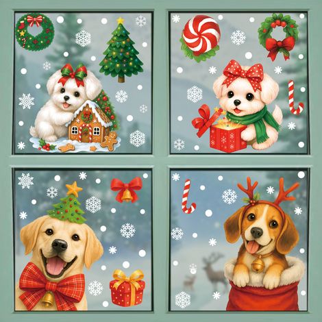 Autocollants chiots de Noël pour décorer les vitres, décorations d'ambiance de Noël, couronnes de fenêtre, boîtes cadeaux, autocollants statiques