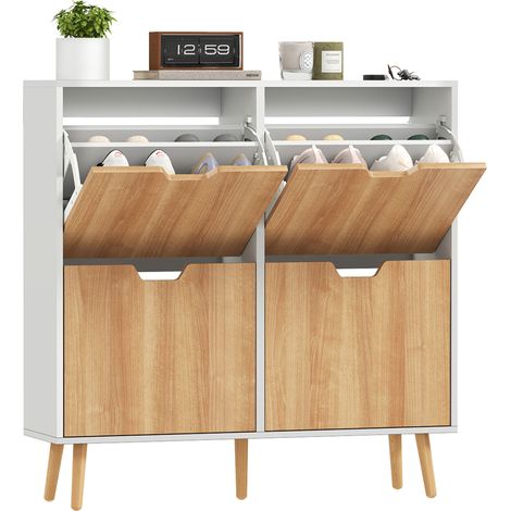 Schuhschrank mit 4 Klapptüren, Platz für 16 Paar Schuhe, verstellbarem Einlegeboden, Beinen aus Kiefernholz, 95 x 26 x 95 cm, naturfarben