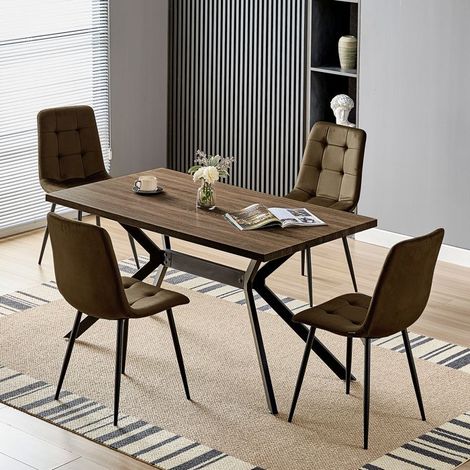 Ensemble de salle à manger - WAFTING - 140x80x73 cm - 4 places - Chaises velours marron - Table bois foncé (1/5)
