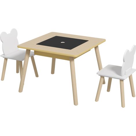 3-teiliges Kindertisch- und 2-Stuhl-Set mit wendbarer Tischplatte und Stauraum aus Naturholz