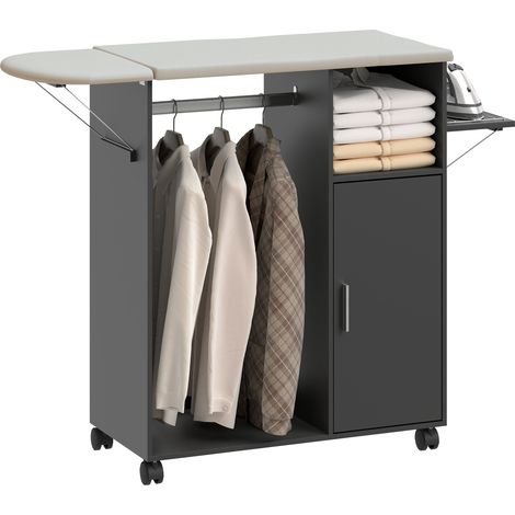 Mobile Asse da Stiro con Piano d'Appoggio Effetto Lino, 3 Ripiani a Cubo e Guida, 127x42.5x99 cm, Nero