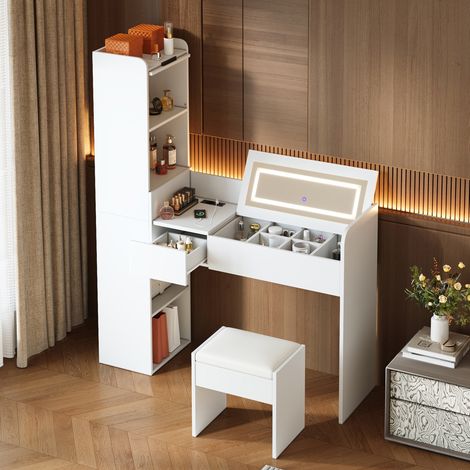 Tocador 131x40x160 cm de madera blanco con espejo LED y USB, almacenaje – MEUBLIV (1/5)