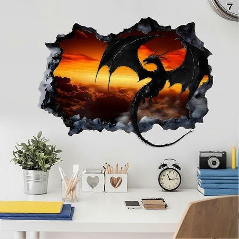 Stickers muraux 3D Dragon Noir, Stickers muraux 3D Dragon Noir, Stickers muraux décoratifs, Stickers muraux pour chambre d'enfant, Stickers à décoller et à coller (1/5)