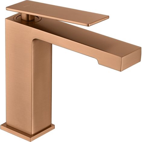 IMEX Grifería monomando para lavabo en latón con cartucho cerámico Ø26mm tubos flexibles 38cm acabado PVD oro rosa cepillado combinación de latón y zama – Modelo Pisa