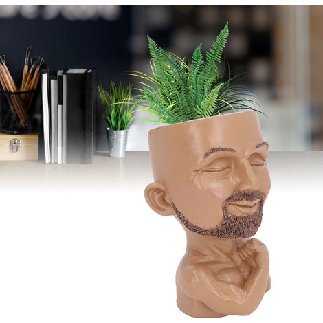 Skulptur eines Mannes als Blumentopf mit Abflussloch – Skulptur aus Kunstharz, muskulöser Männerkopf als Pflanztopf für Wohnzimmer oder Eingangsbereich, Kaffeebraun, 17 x 11 cm, 390 g (1/5)