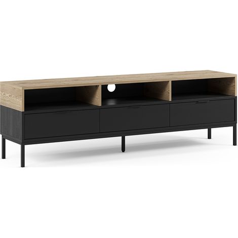 Meuble TV, Meuble de salon aspect bois coloris chêne, noir et pieds en métal - Longueur 180 x Profondeur 40 x Hauteur 55 cm (1/5)