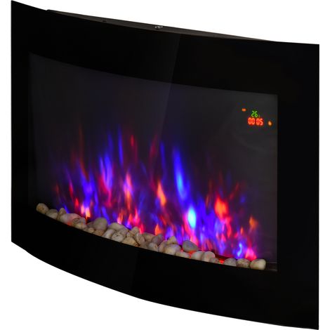 Cheminée murale électrique flamme colorée télécommande, 1800 W, thermostat réglable, protection surchauffe, noir (1/5)