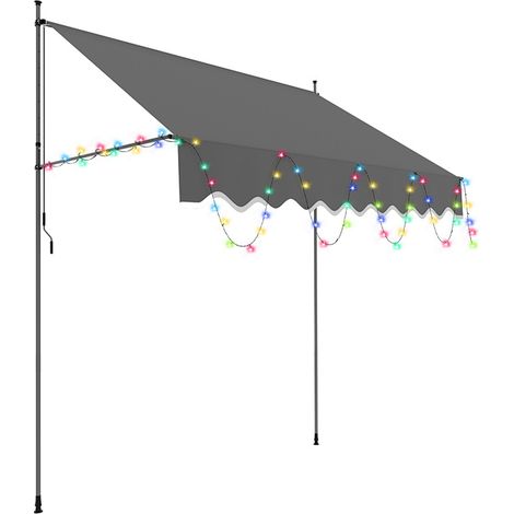 TolleTour Auvent manuale con guirlande luminose, manovella, senza perforazioni necessarie, resistente al sole e all'acqua, altezza regolabile, grigio 200cm
