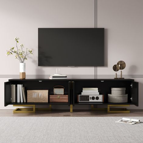 Mueble TV 160x38x44.5 cm negro en tablero de partículas con 4 puertas y patas metálicas doradas (1/5)