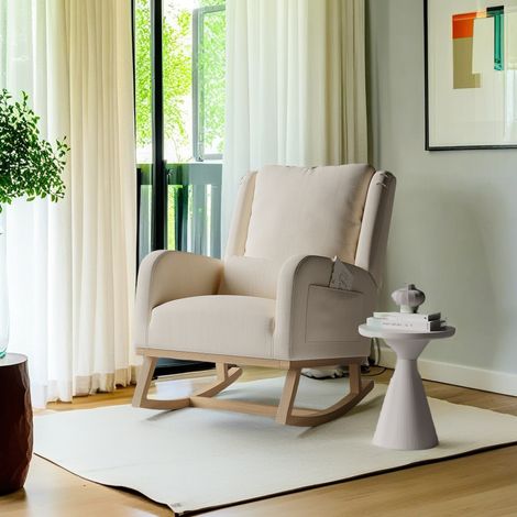 Fauteuil à bascule, fauteuil de détente, fauteuil ergonomique, tissu velours, pieds bois et métal, idéal pour le salon et la chambre, beige (livraison depuis la France). (1/5)