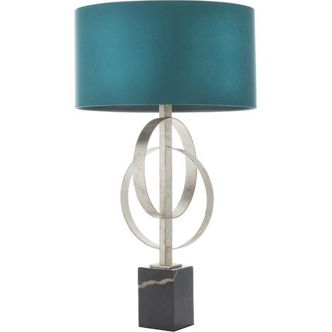 Merano Trento Lampe de Table Feuille d'Argent Antique & Tissu Satin Bleu Sarcelle
